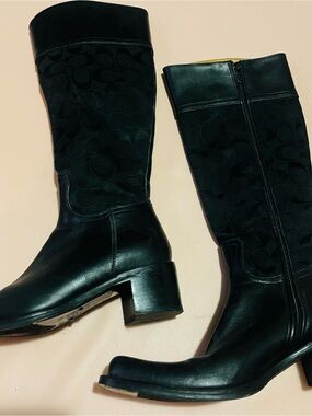Coach Black Signature Canvas & Leather Mid-Calf Boots